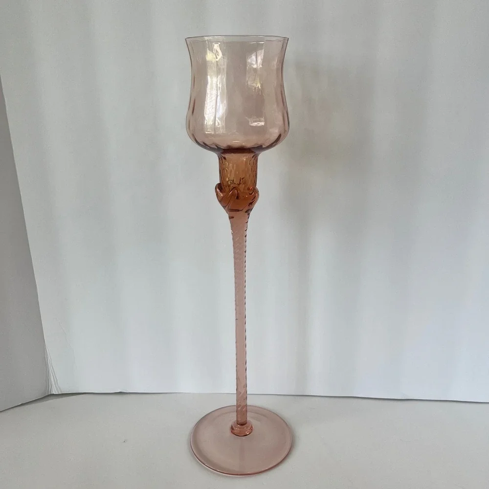 Vintage Pink Hand Blown Glass Tall Twisted Stem Tulip Candle Holder‎ 15.5 Inch